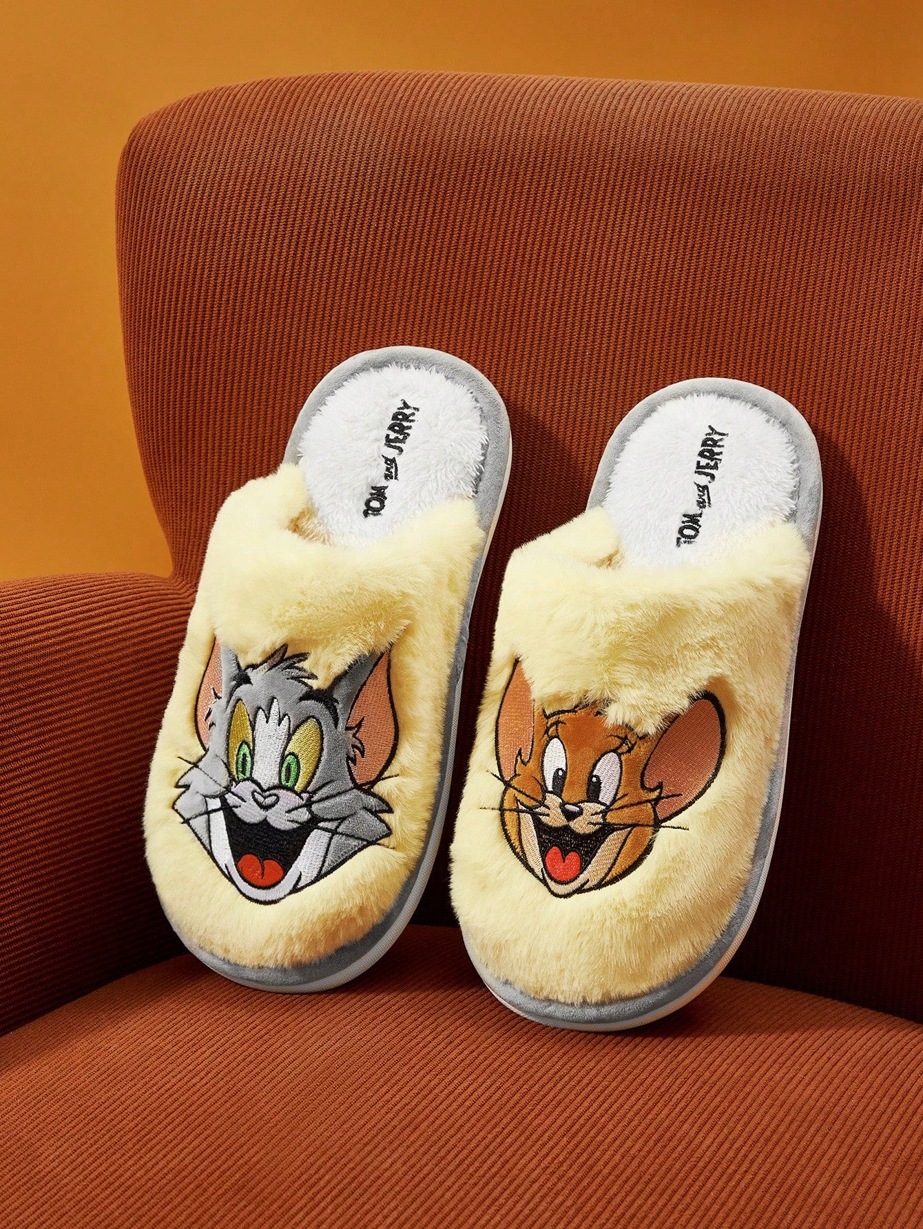TOM & JERRY X SHEIN Cartoon Embroidered Plush Ladies' House Slippers, For New Year Holiday, Spring Shoes Spring Break Easter Yellow