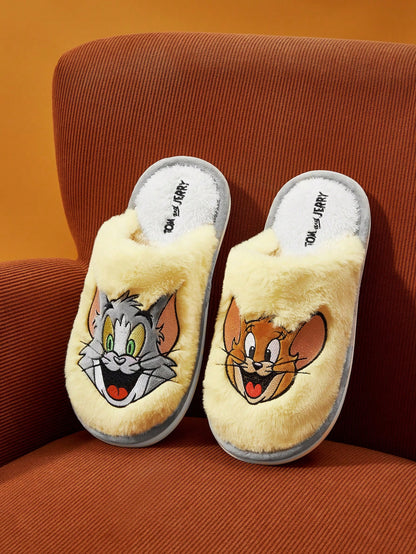 TOM & JERRY X SHEIN Cartoon Embroidered Plush Ladies' House Slippers, For New Year Holiday, Spring Shoes Spring Break Easter Yellow