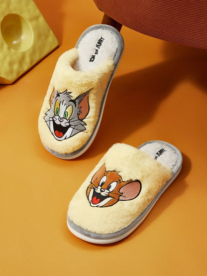 TOM & JERRY X SHEIN Cartoon Embroidered Plush Ladies' House Slippers, For New Year Holiday, Spring Shoes Spring Break Easter Yellow