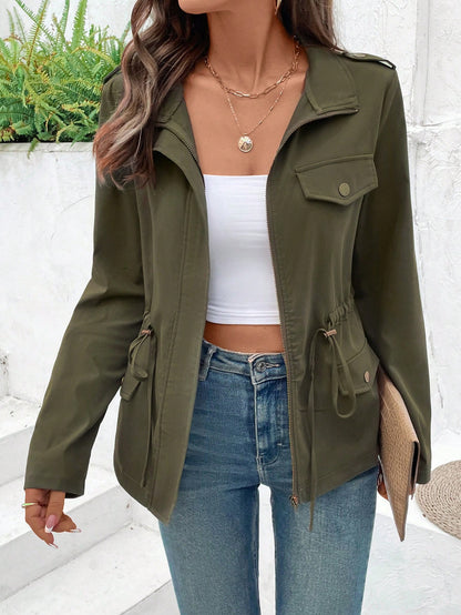 EMERY ROSE Zip-Up Stand Collar Long Sleeve Fitted Jacket Army Green