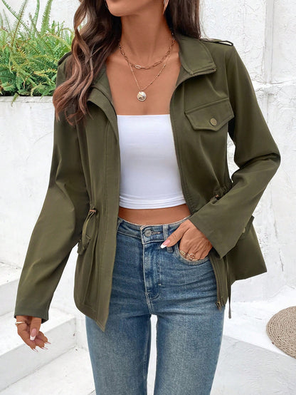 EMERY ROSE Zip-Up Stand Collar Long Sleeve Fitted Jacket Army Green