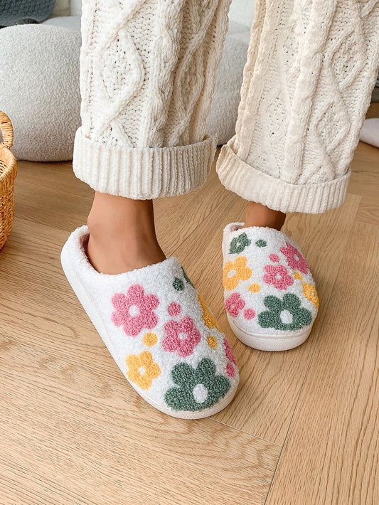 Fashionable & Cute Floral Pattern Soft Comfortable Non-Slip Durable Warm House Slippers For Winter White