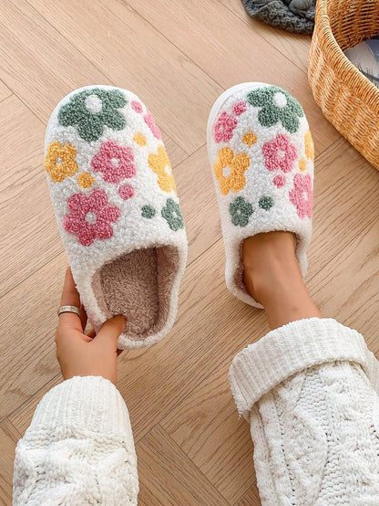 Fashionable & Cute Floral Pattern Soft Comfortable Non-Slip Durable Warm House Slippers For Winter White