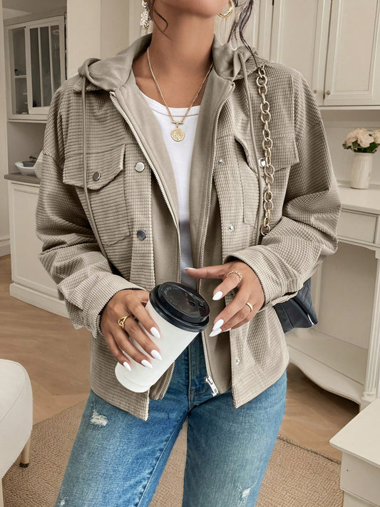 SHEIN Frenchy Women's Fall Drop Shoulder Hooded 2 In 1 Corduroy Jacket,Heated Jacket,Thermal,Women Costumes,Fall,Commute,Minimalist,Office,Old Money,Thanksgiving,Button Light Grey