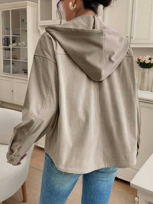SHEIN Frenchy Women's Fall Drop Shoulder Hooded 2 In 1 Corduroy Jacket,Heated Jacket,Thermal,Women Costumes,Fall,Commute,Minimalist,Office,Old Money,Thanksgiving,Button Light Grey