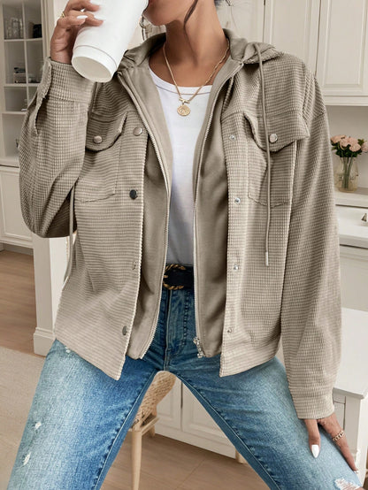 SHEIN Frenchy Women's Fall Drop Shoulder Hooded 2 In 1 Corduroy Jacket,Heated Jacket,Thermal,Women Costumes,Fall,Commute,Minimalist,Office,Old Money,Thanksgiving,Button Light Grey