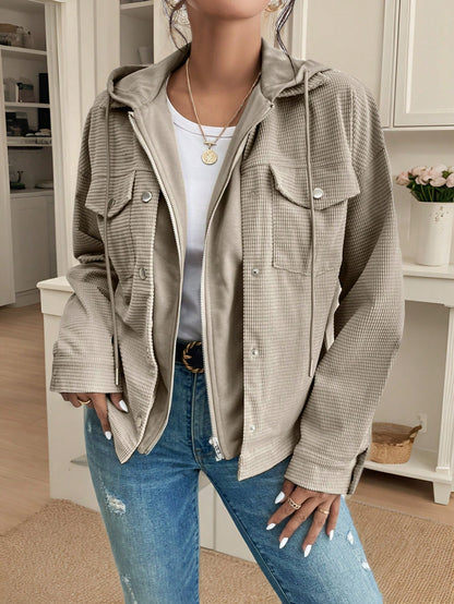 SHEIN Frenchy Women's Fall Drop Shoulder Hooded 2 In 1 Corduroy Jacket,Heated Jacket,Thermal,Women Costumes,Fall,Commute,Minimalist,Office,Old Money,Thanksgiving,Button Light Grey