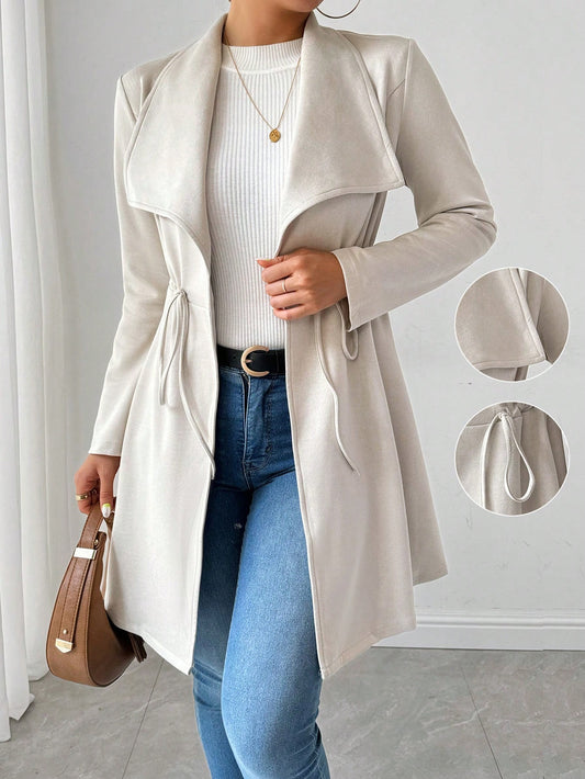 SHEIN Raffinéa Faux Deer Suede Solid Color Elegant Drawstring Long Sleeve Jacket Apricot