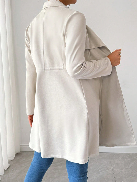 SHEIN Raffinéa Faux Deer Suede Solid Color Elegant Drawstring Long Sleeve Jacket Apricot