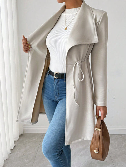 SHEIN Raffinéa Faux Deer Suede Solid Color Elegant Drawstring Long Sleeve Jacket Apricot