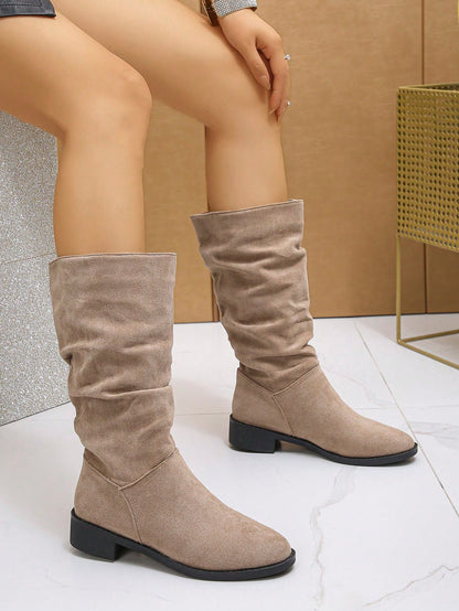 2024 New Low/Flat Heel Tall Boots For Women, Suede Fabric Non-Knee-High Mid-Calf Boots With Wrinkle Vintage Western Riding Style Khaki
