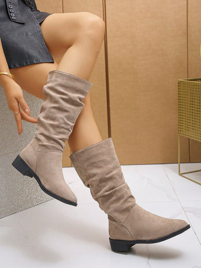 2024 New Low/Flat Heel Tall Boots For Women, Suede Fabric Non-Knee-High Mid-Calf Boots With Wrinkle Vintage Western Riding Style Khaki