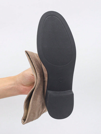 2024 New Low/Flat Heel Tall Boots For Women, Suede Fabric Non-Knee-High Mid-Calf Boots With Wrinkle Vintage Western Riding Style Khaki