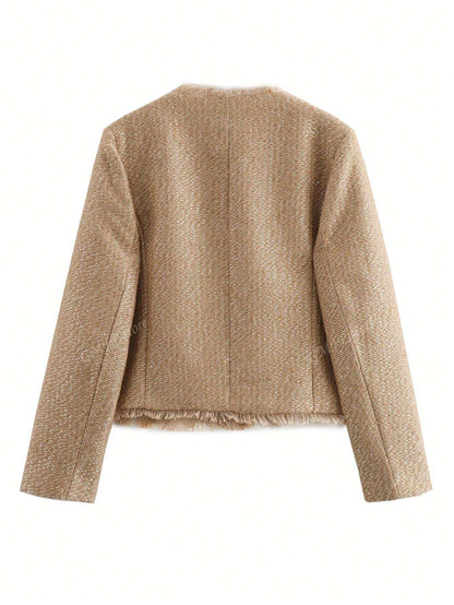 Casual Vintage Shiny Texture Short Jacket For Autumn Khaki