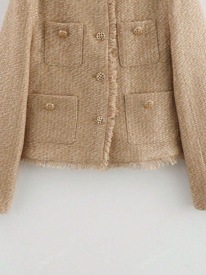 Casual Vintage Shiny Texture Short Jacket For Autumn Khaki