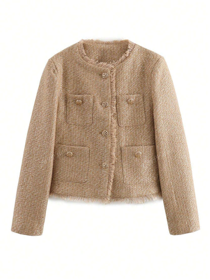 Casual Vintage Shiny Texture Short Jacket For Autumn Khaki
