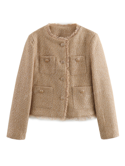 Casual Vintage Shiny Texture Short Jacket For Autumn Khaki