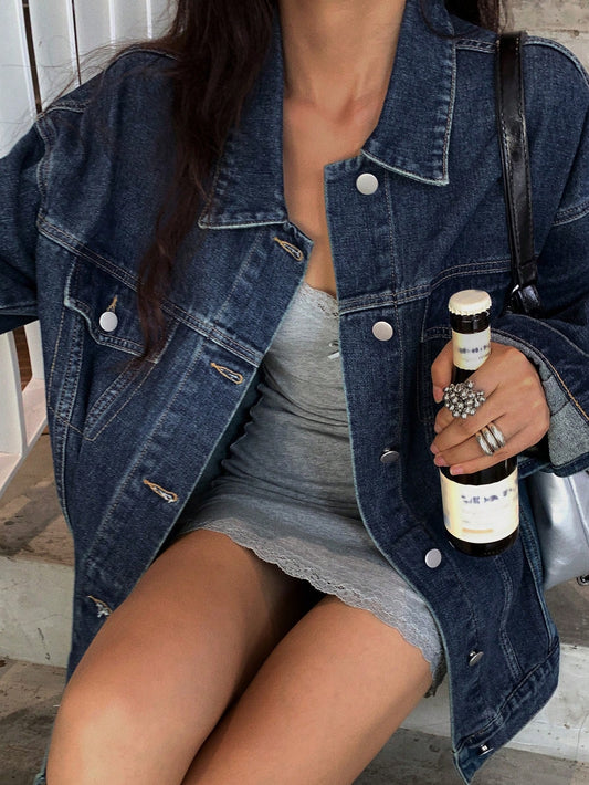 DAZY Women's Drop Shoulder Long Sleeve Pocket Loose Casual Denim Jacket, Spring Autumn Dark Wash