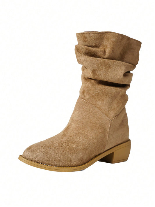 Women Mid-Calf Boots Thick Heels Fashion Vintage Casual Short Boots, TPR Sole, Solid Color Suede Dress Boots, Autumn & Winter Khaki