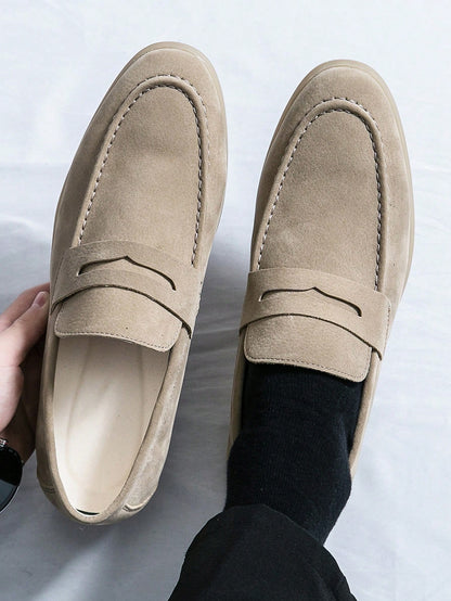 Men's Luxury Penny Loafer Leather Shoes, Solid Color Faux Suede Casual Oxford, Soft & Breathable, Versatile For Business, Party, Wedding, Spring/Summer/Autumn Beige