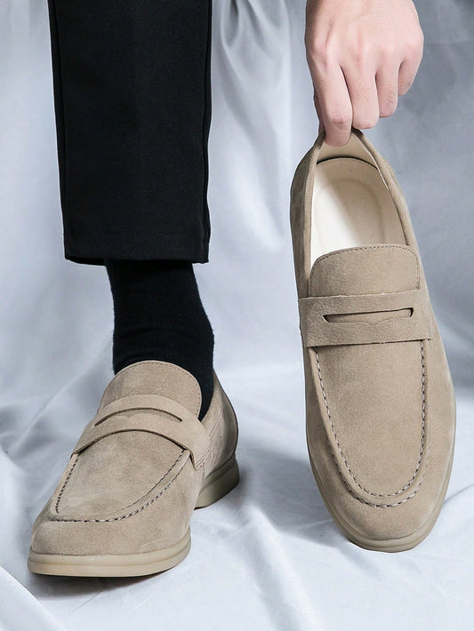 Men's Luxury Penny Loafer Leather Shoes, Solid Color Faux Suede Casual Oxford, Soft & Breathable, Versatile For Business, Party, Wedding, Spring/Summer/Autumn Beige