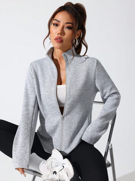 SHEIN Sport Studio Casual Comfortable Solid Color Stand Collar Sports Jacket Light Grey