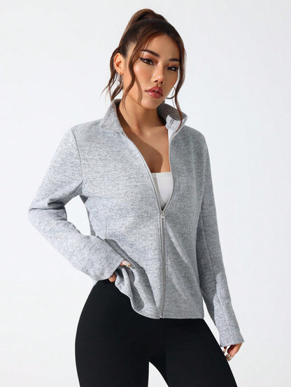 SHEIN Sport Studio Casual Comfortable Solid Color Stand Collar Sports Jacket Light Grey