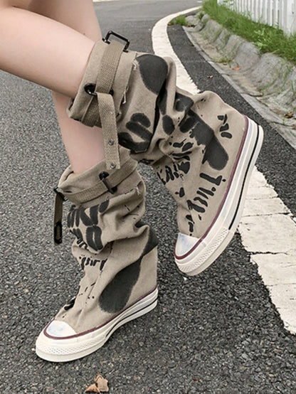 Women's Round Toe Thick Sole Flat Short Boots, Casual Canvas Short Boots For Spring & Autumn Grey