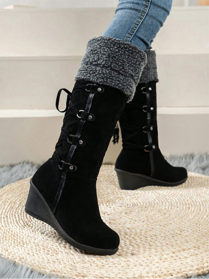 Fashionable Cross-Tied Fringe Rivet Decor Faux Fleece Platform Boots, Faux Shearling Black Winter Snow Boots Black