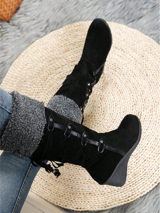 Fashionable Cross-Tied Fringe Rivet Decor Faux Fleece Platform Boots, Faux Shearling Black Winter Snow Boots Black