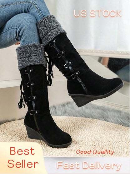 Fashionable Cross-Tied Fringe Rivet Decor Faux Fleece Platform Boots, Faux Shearling Black Winter Snow Boots Black