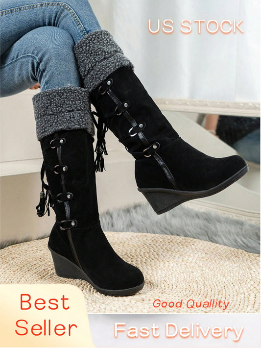 Fashionable Cross-Tied Fringe Rivet Decor Faux Fleece Platform Boots, Faux Shearling Black Winter Snow Boots Black