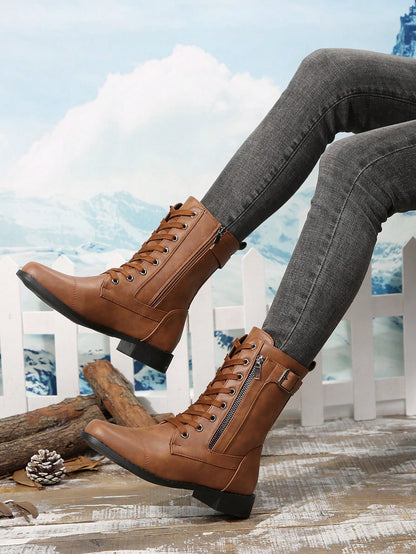 Perfect With Dresses For Women,New Fashion Brown Chunky Heel Mid-Calf Boots For Women Brown