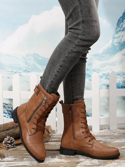 Perfect With Dresses For Women,New Fashion Brown Chunky Heel Mid-Calf Boots For Women Brown