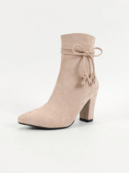 Pointed Toe Chunky Heel, Bow Tie Strap Ankle Boots, Elegant Fashion Party & Daily Wear Comfortable Women Boots Pink