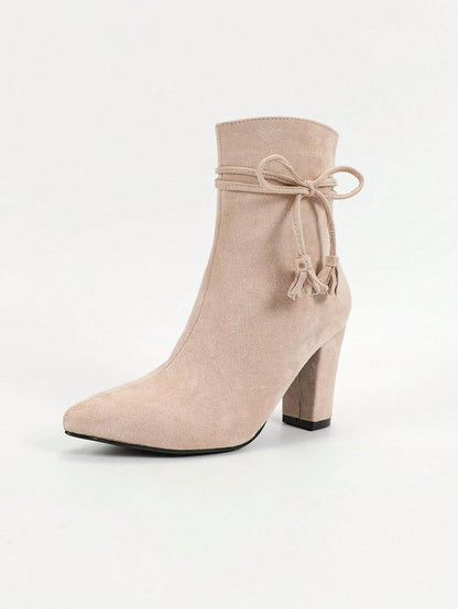 Pointed Toe Chunky Heel, Bow Tie Strap Ankle Boots, Elegant Fashion Party & Daily Wear Comfortable Women Boots Pink