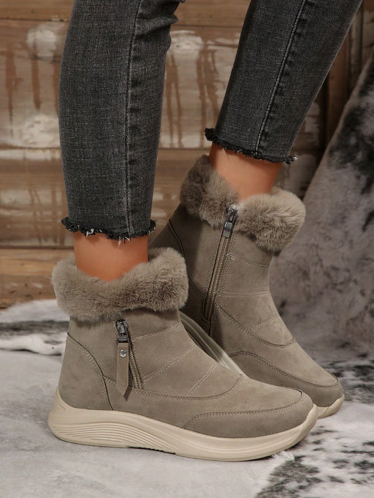 Women's Buckle Comfortable Soft Snow Boots Round Toe Lace-Up Anti-Slip Flat Boots, New Brown Winter Casual Warm Plush Ankle Boots Brown