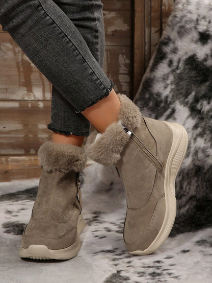 Women's Buckle Comfortable Soft Snow Boots Round Toe Lace-Up Anti-Slip Flat Boots, New Brown Winter Casual Warm Plush Ankle Boots Brown