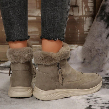 Women's Buckle Comfortable Soft Snow Boots Round Toe Lace-Up Anti-Slip Flat Boots, New Brown Winter Casual Warm Plush Ankle Boots Brown