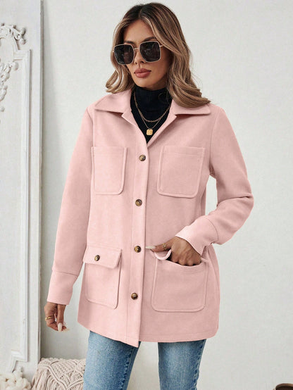 EMERY ROSE Men's Solid Color Front Button Long Sleeve Pocket Casual Jacket Dusty Pink