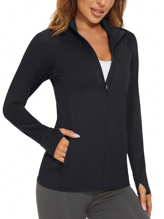 Women's Sports Jackets, Zip-Up Jackets, Short Sports Slim-Fit Coats Black