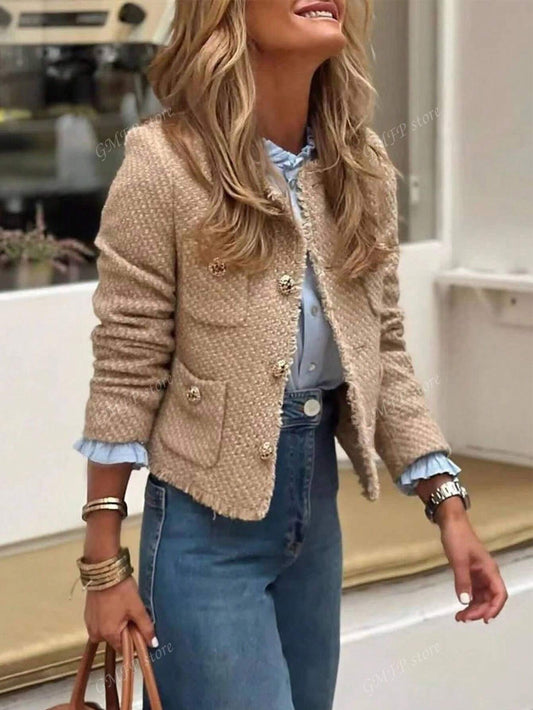Casual Vintage Shiny Texture Short Jacket For Autumn Khaki