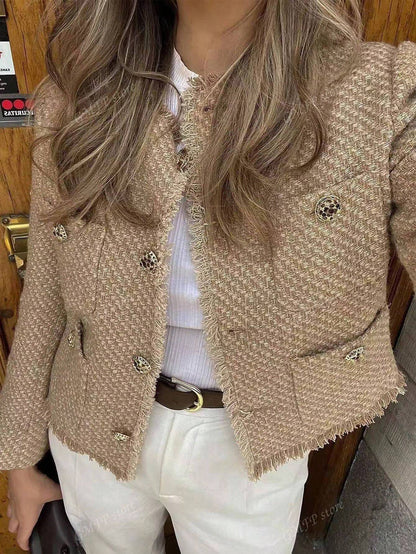 Casual Vintage Shiny Texture Short Jacket For Autumn Khaki