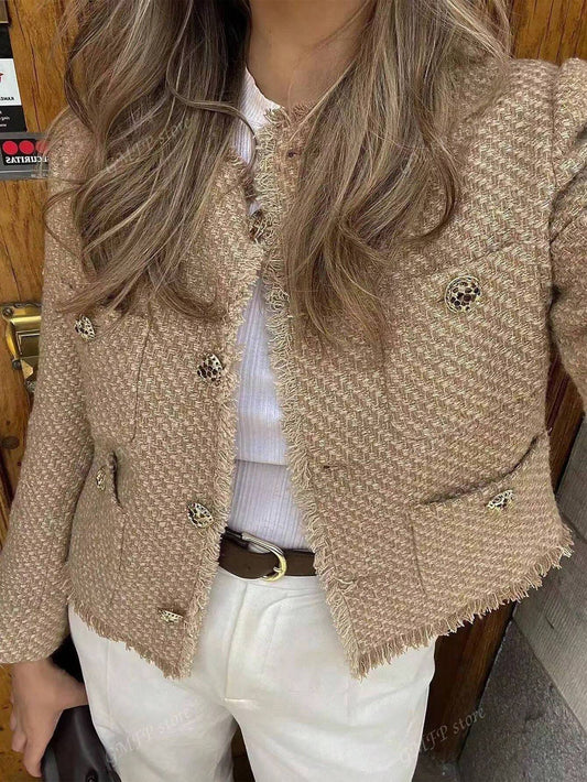 Casual Vintage Shiny Texture Short Jacket For Autumn Khaki