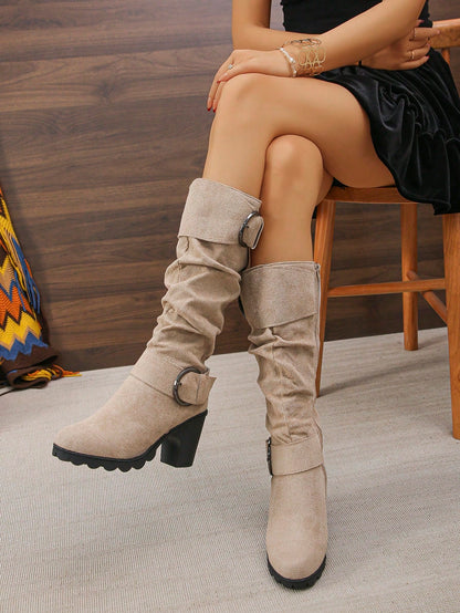 2024 New Brown Over-The-Knee Mid-Calf Boots, European & American Fashion Suede High Heel Buckle Strap Wrinkle Equestrian Boots, Autumn/Winter Beige