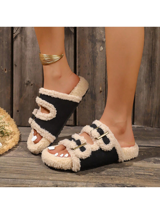 Women Double Breasted Hollow Open Toe Flat Home Slippers, Cozy Fuzzy Slip On Sandals For Autumn/Winter Black