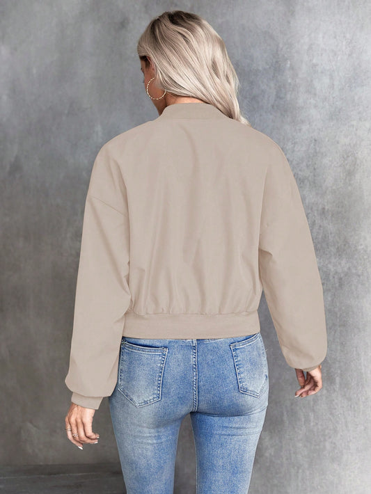 SHEIN LUNE Solid Color Zipper Baseball Jacket Apricot