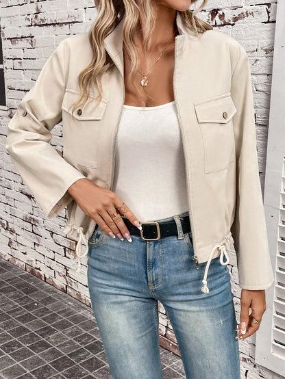 EMERY ROSE 4-Seasons Retro Vintage Classic Plaid Fashionable Casual Drawstring Short Women Jacket,Fall Clothes Women Apricot