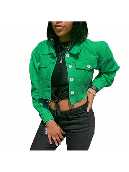 Women's Denim Short Coat, Solid Color Long Sleeve Lapel Jacket Button Down Distressed Hem Crop Jeans Coat Green