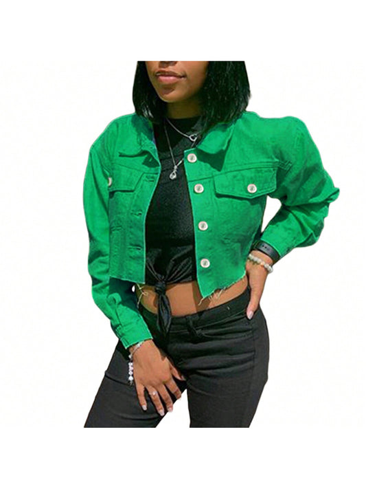 Women's Denim Short Coat, Solid Color Long Sleeve Lapel Jacket Button Down Distressed Hem Crop Jeans Coat Green